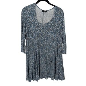 Andria Lieu Tunic Dress Small Blue Floral Scoop Neck 3/4 Sleeve Pockets USA